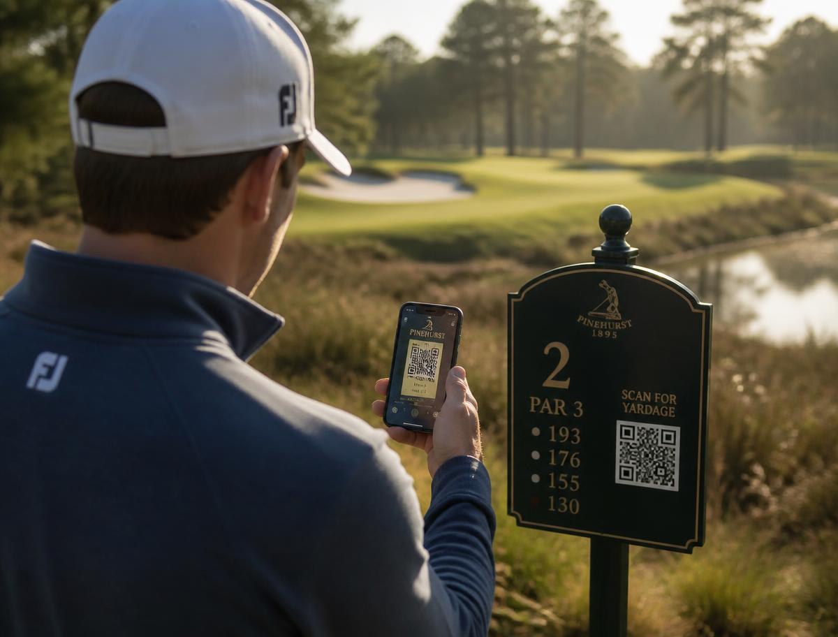 Golfer scanning a tee-box QR code with a phone
