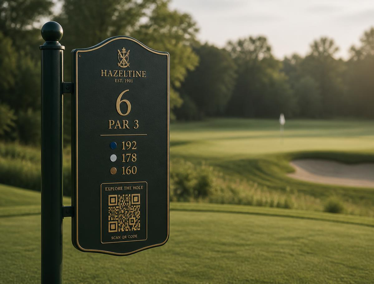 Branded tee-box QR signage at a par-3 hole
